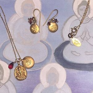 Satya earrings/necklace set, excellent condition: Ganesha, OM, garnet gemstones